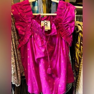 NWOT FIGUE Gianna Polka Dot Ruffled sleeve blouse. Magenta Pink w/ gold. ✨